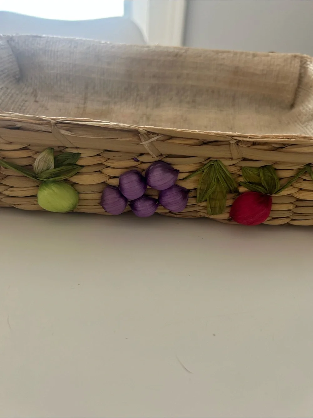 Vintage hand Woven Fruit Accent Serving Tray casserole carrier in Natural Beige